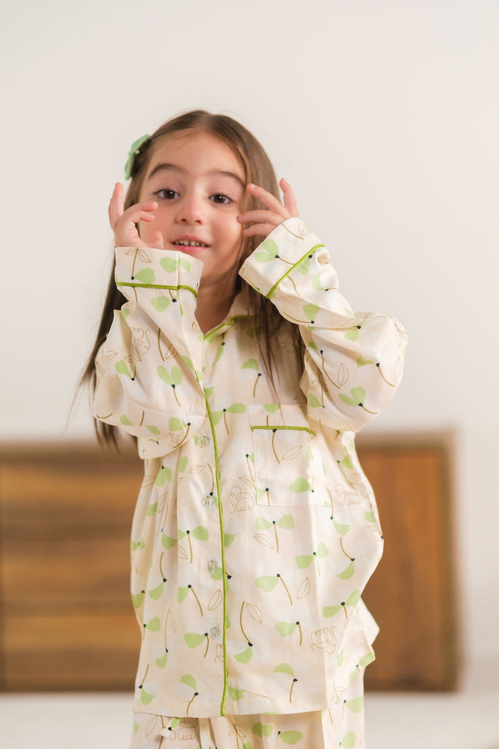Baby Nest Kids Premium Night Suits For Girls Printed 2 Piece Boski Linen Leafy Dawn - Casual Collection