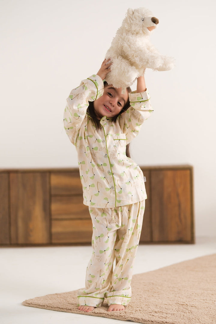 Baby Nest Kids Premium Night Suits For Girls Printed 2 Piece Boski Linen Leafy Dawn - Casual Collection