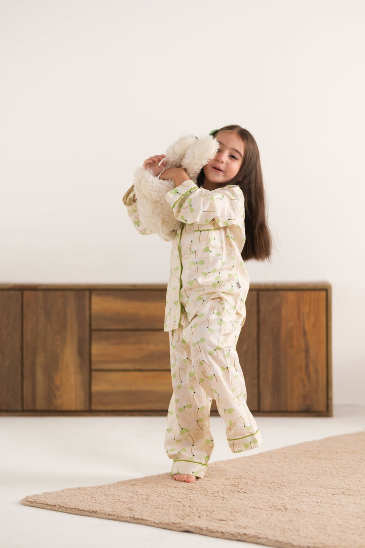 Baby Nest Kids Premium Night Suits For Girls Printed 2 Piece Boski Linen Leafy Dawn - Casual Collection