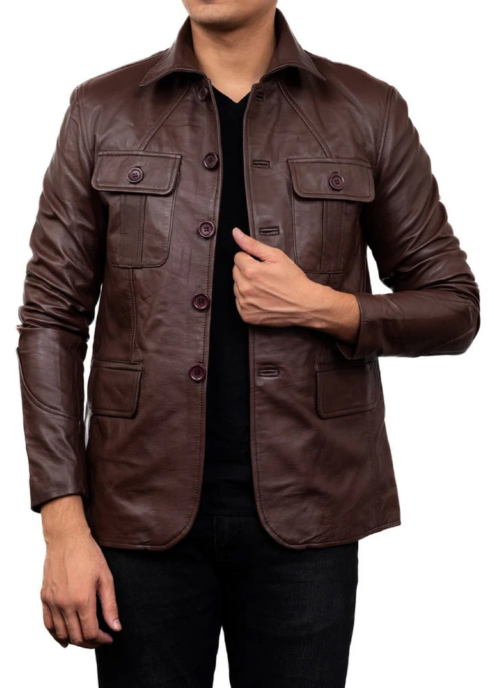 Jild Leathers 5-Button Men Lambskin Leather Blazer-Brown - Blazers And Coats Collection