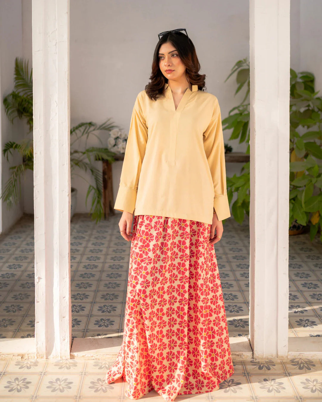 Zauk Women Printed Poly 2 Piece Suit Lemon Yellow Shirt and Printed Skirt - Eid Collection