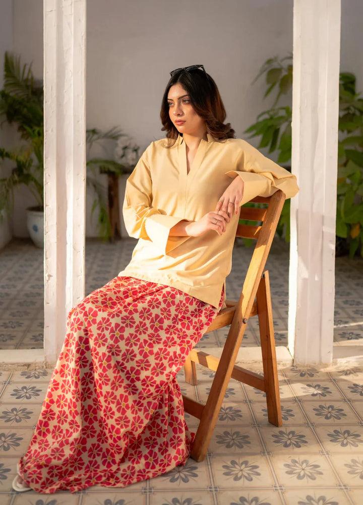 Zauk Women RTW Solids Poly Grip 2 Piece Suit ZK26RC Lemon Yellow Shirt and Printed Skirt ZAU-LYSPS - Casual Collection