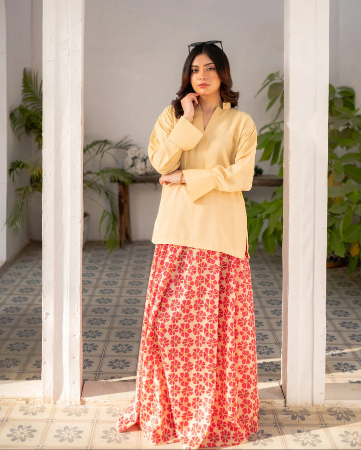 Zauk Women Printed Poly 2 Piece Suit Lemon Yellow Shirt and Printed Skirt - Eid Collection