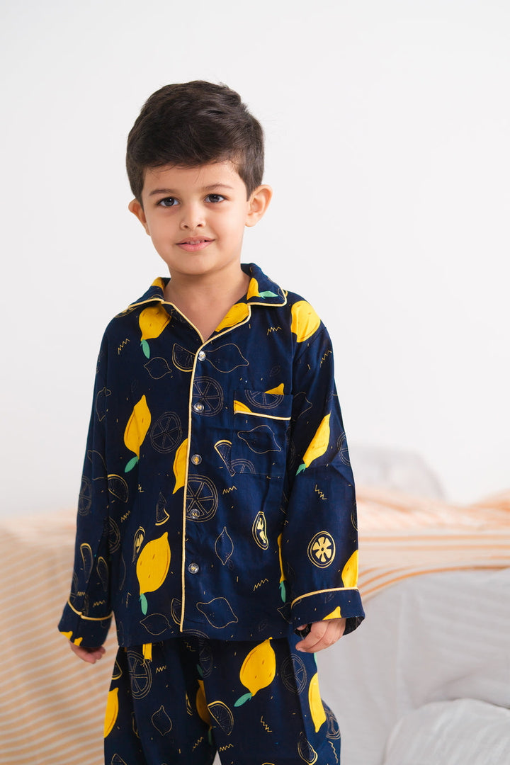 Baby Nest Kids Premium Night Suits For Boys Printed 2 Piece Boski Linen Lemon Loom  - Casual Collection