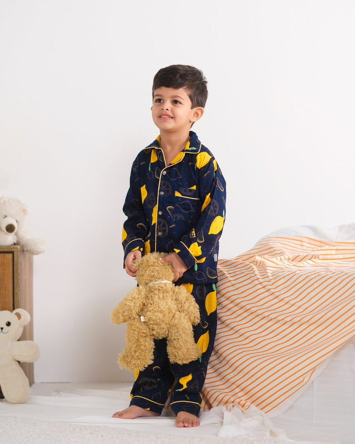 Baby Nest Kids Premium Night Suits For Boys Printed 2 Piece Boski Linen Lemon Loom  - Casual Collection