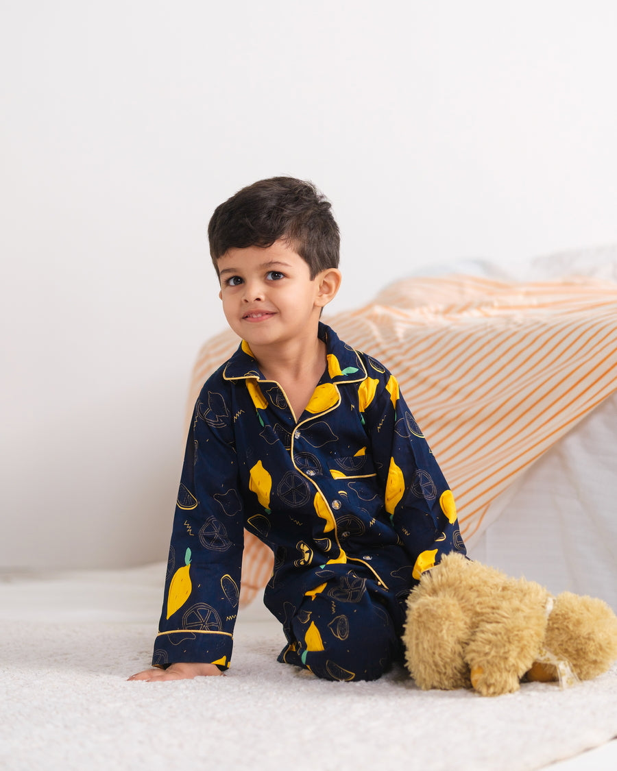 Baby Nest Kids Premium Night Suits For Boys Printed 2 Piece Boski Linen Lemon Loom  - Casual Collection