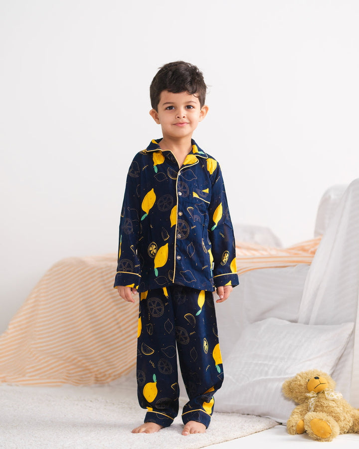 Baby Nest Kids Premium Night Suits For Boys Printed 2 Piece Boski Linen Lemon Loom  - Casual Collection