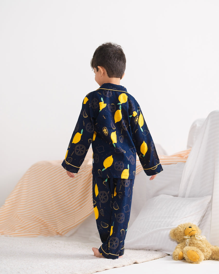 Baby Nest Kids Premium Night Suits For Boys Printed 2 Piece Boski Linen Lemon Loom  - Casual Collection