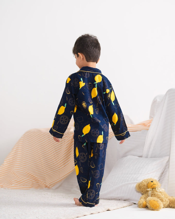 Baby Nest Kids Premium Night Suits For Boys Printed 2 Piece Boski Linen Lemon Loom  - Casual Collection
