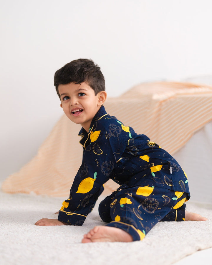 Baby Nest Kids Premium Night Suits For Boys Printed 2 Piece Boski Linen Lemon Loom  - Casual Collection