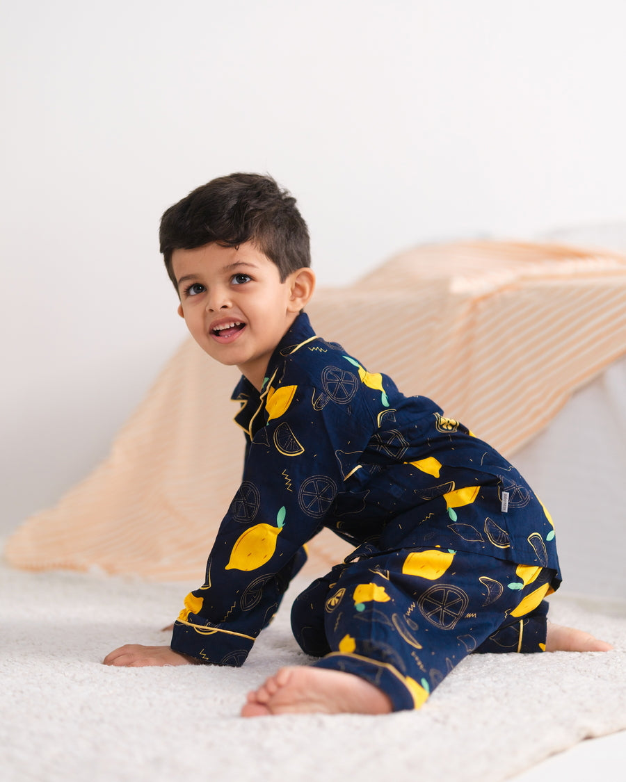 Baby Nest Kids Premium Night Suits For Boys Printed 2 Piece Boski Linen Lemon Loom  - Casual Collection