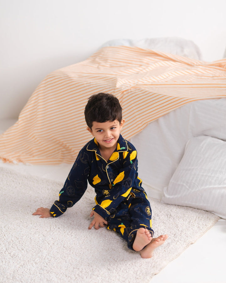 Baby Nest Kids Premium Night Suits For Boys Printed 2 Piece Boski Linen Lemon Loom  - Casual Collection