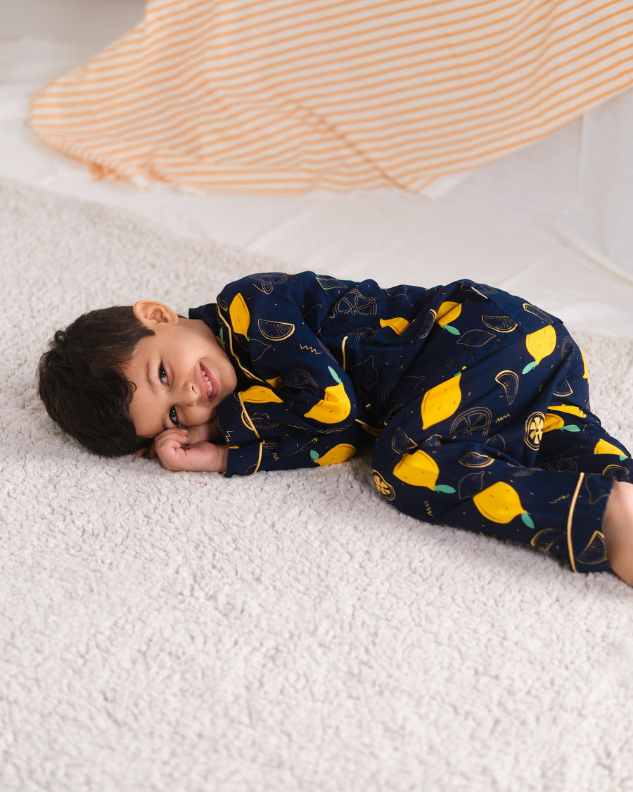 Baby Nest Kids Premium Night Suits For Boys Printed 2 Piece Boski Linen Lemon Loom  - Casual Collection
