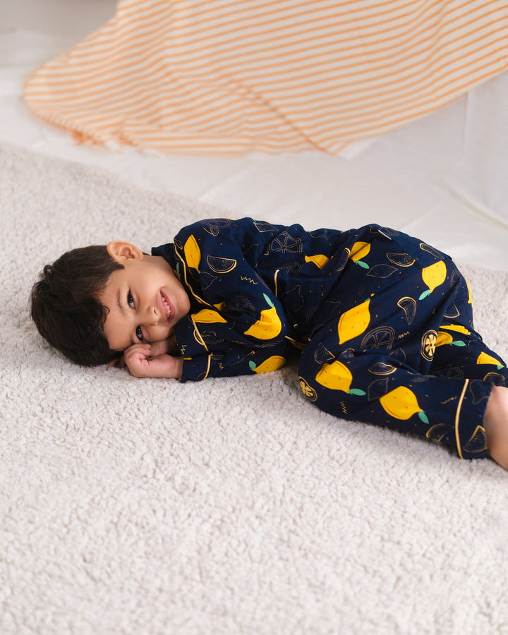 Baby Nest Kids Premium Night Suits For Boys Printed 2 Piece Boski Linen Lemon Loom  - Casual Collection
