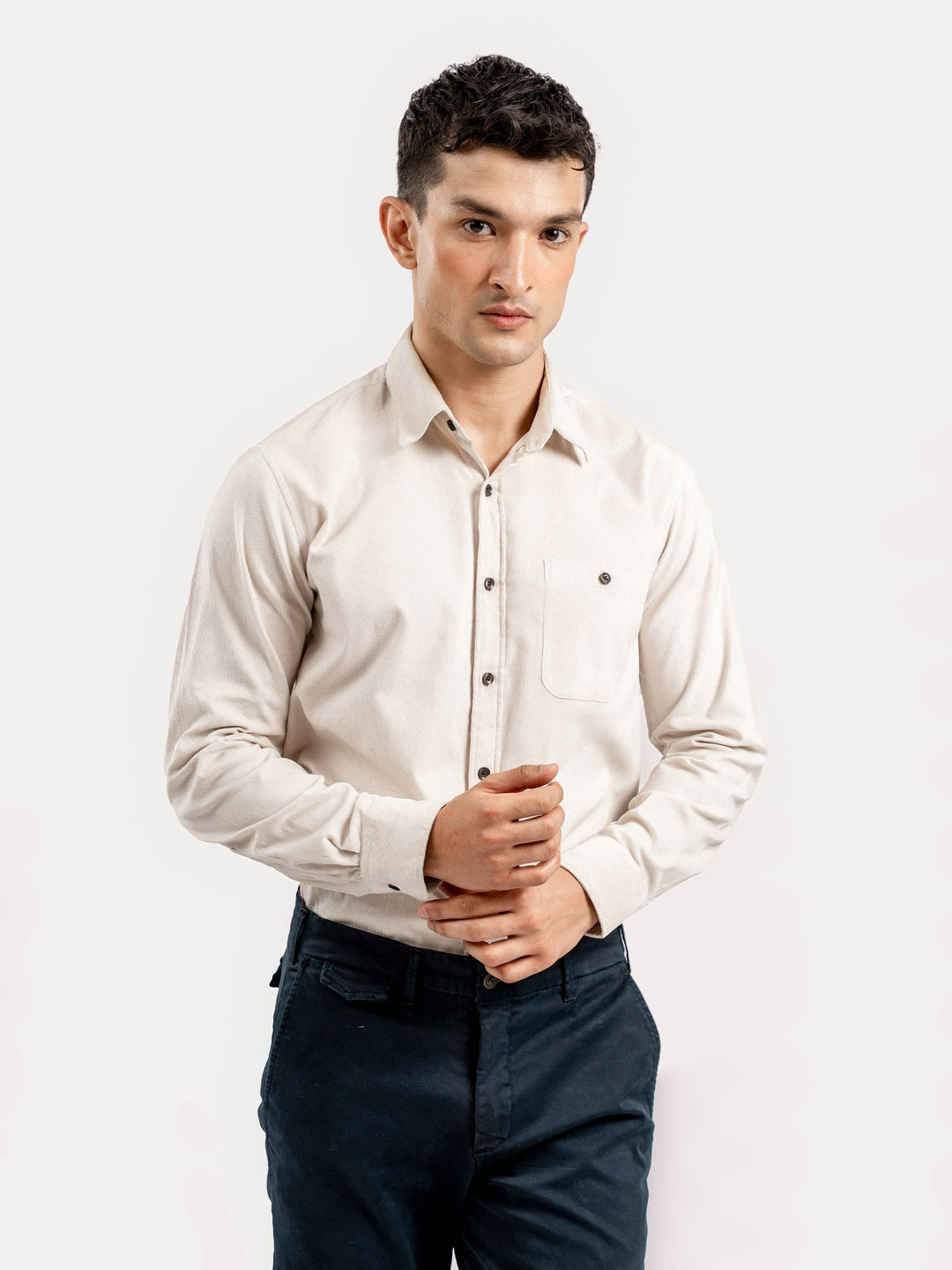 Brumano Mens RTW Solids Cotton Shirt Light Beige Corduroy Casual Collection