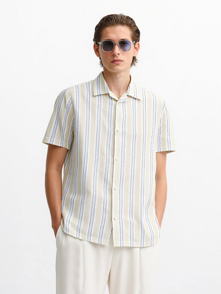Brumano Ready To Wear Shirts Men 1 Piece Cotton Light Beige Striped Structured Cuban Collar Shirt 0-33-025-4528 - Summer Collection
