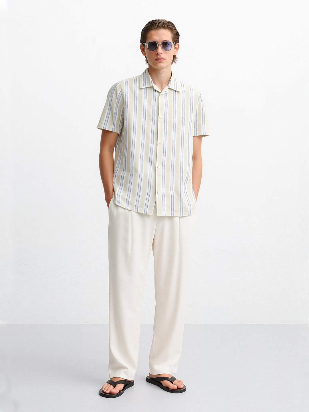 Brumano Ready To Wear Shirts Men 1 Piece Cotton Light Beige Striped Structured Cuban Collar Shirt 0-33-025-4528 - Summer Collection