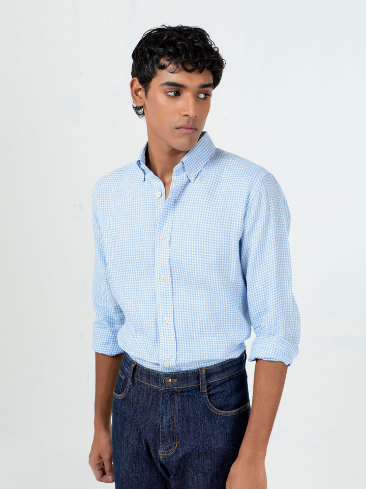 Brumano Ready To Wear Shirts Men 1 Piece Cotton Light Blue Gingham Cotton/Linen Shirt 0-31-023-2283 - Summer Collection
