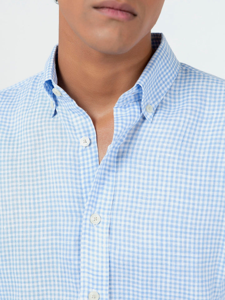 Brumano Ready To Wear Shirts Men 1 Piece Cotton Light Blue Gingham Cotton/Linen Shirt 0-31-023-2283 - Summer Collection