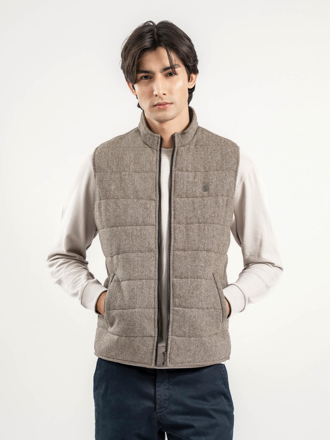 Brumano Ready To Wear Solids Cotton 1 Piece Men Light Brown Wool Structured Sleeveless Zipper Jacket 0-12-025-4368 - Winter Collection