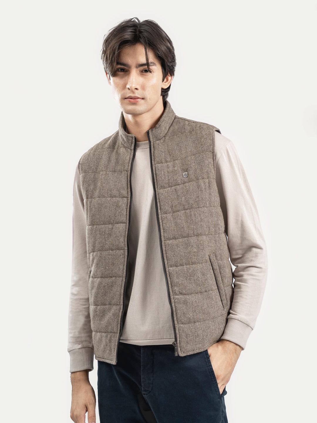 Brumano Mens RTW Solids Wool Jacket Light Brown Sleeveless Zipper Jacket Winter Collection