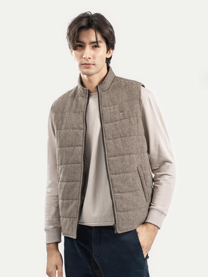 Brumano Mens RTW Solids Wool Jacket Light Brown Sleeveless Zipper Jacket Winter Collection