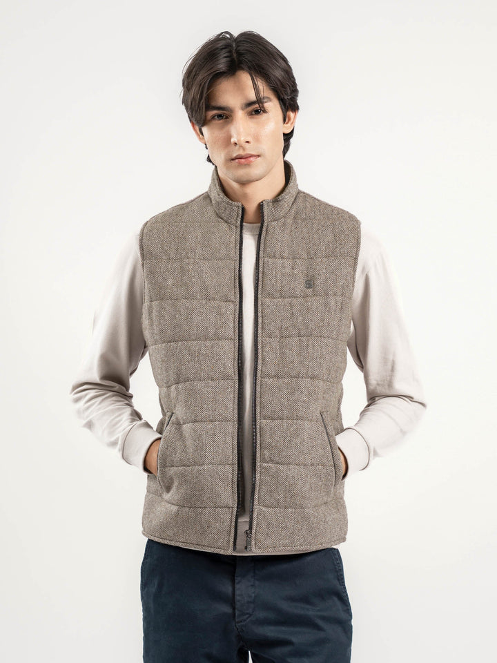 Brumano Mens RTW Solids Wool Jacket Light Brown Sleeveless Zipper Jacket Winter Collection
