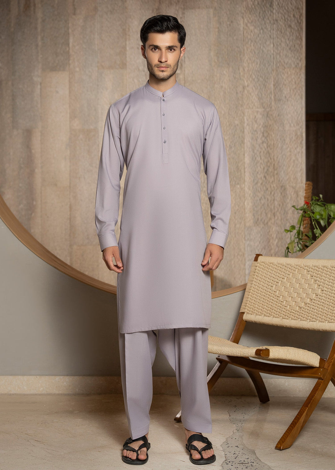 Buraq Men RTW Solids Wash N Wear Kurta Shalwar Suit Light lavender Ban Casual Collection