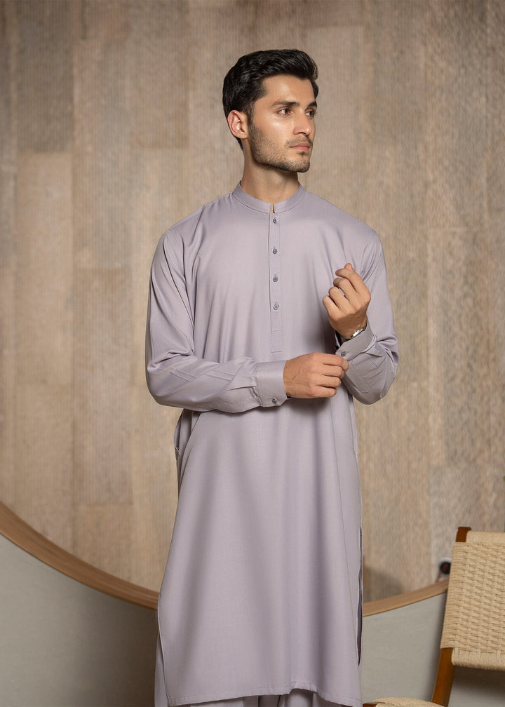Buraq Men RTW Solids Wash N Wear Kurta Shalwar Suit Light lavender Ban Casual Collection