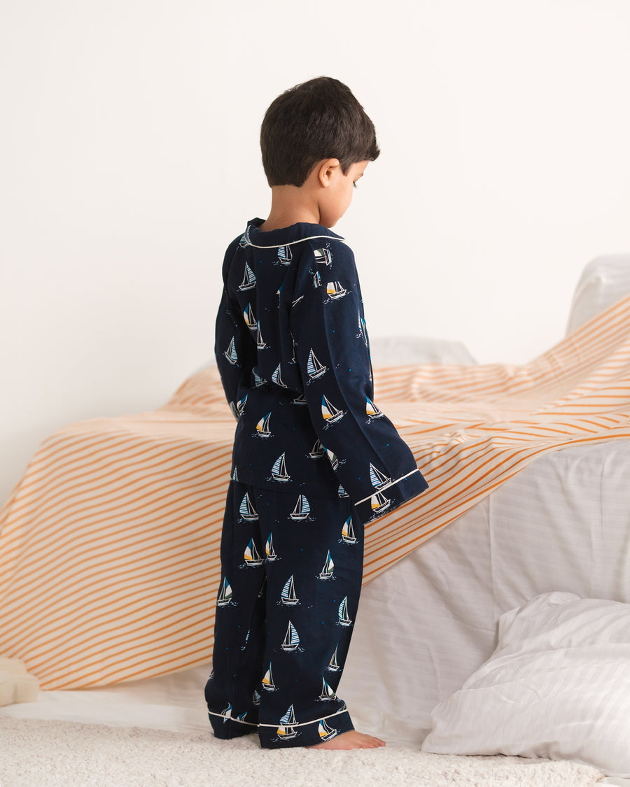 Baby Nest Kids Premium Night Suits For Boys Printed 2 Piece Boski Linen Little Mariner - Casual Collection