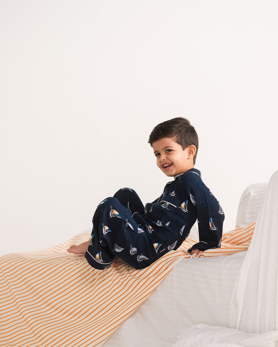 Baby Nest Kids Premium Night Suits For Boys Printed 2 Piece Boski Linen Little Mariner - Casual Collection