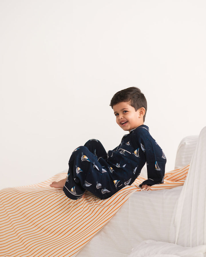 Baby Nest Kids Premium Night Suits For Boys Printed 2 Piece Boski Linen Little Mariner - Casual Collection