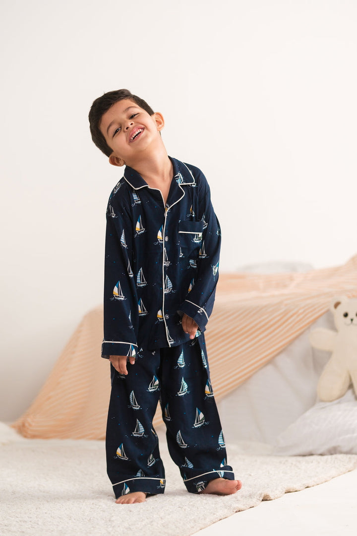 Baby Nest Kids Premium Night Suits For Boys Printed 2 Piece Boski Linen Little Mariner - Casual Collection