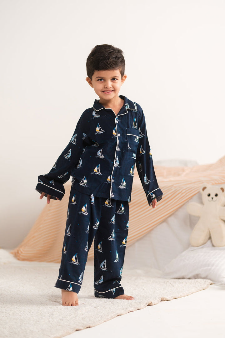 Baby Nest Kids Premium Night Suits For Boys Printed 2 Piece Boski Linen Little Mariner - Casual Collection
