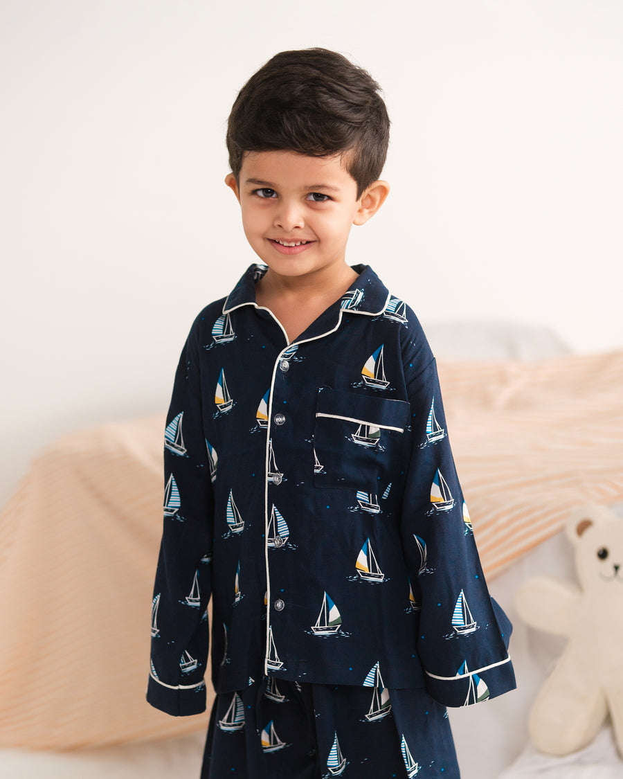 Baby Nest Kids Premium Night Suits For Boys Printed 2 Piece Boski Linen Little Mariner - Casual Collection