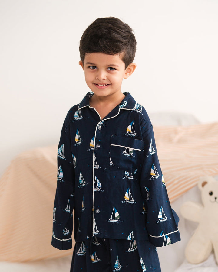 Baby Nest Kids Premium Night Suits For Boys Printed 2 Piece Boski Linen Little Mariner - Casual Collection