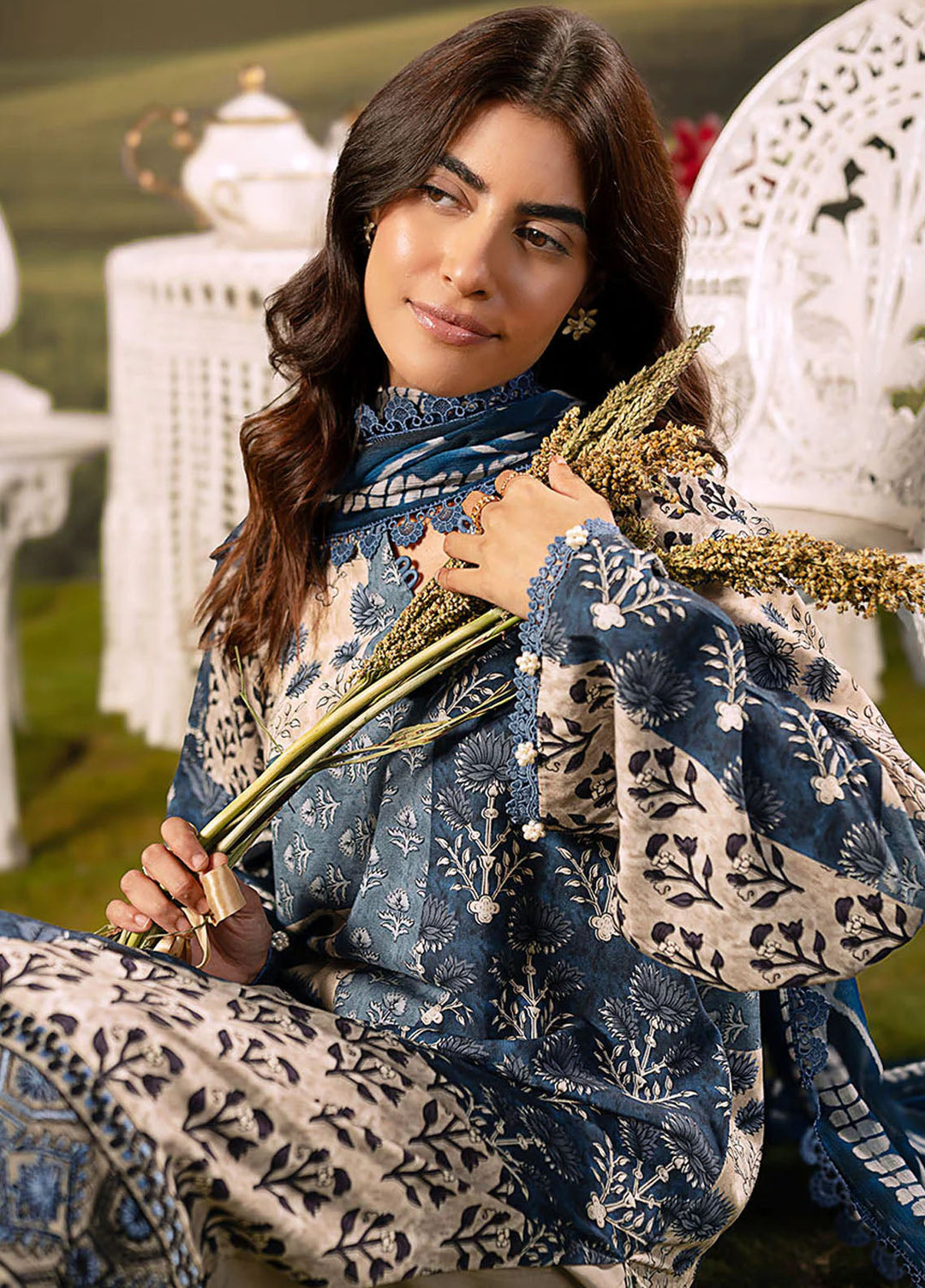 M Basic by Maria B Embroidered Arabic Lawn Suits Unstitched 3 Piece MB25PF MB-02 A - Summer Collection
