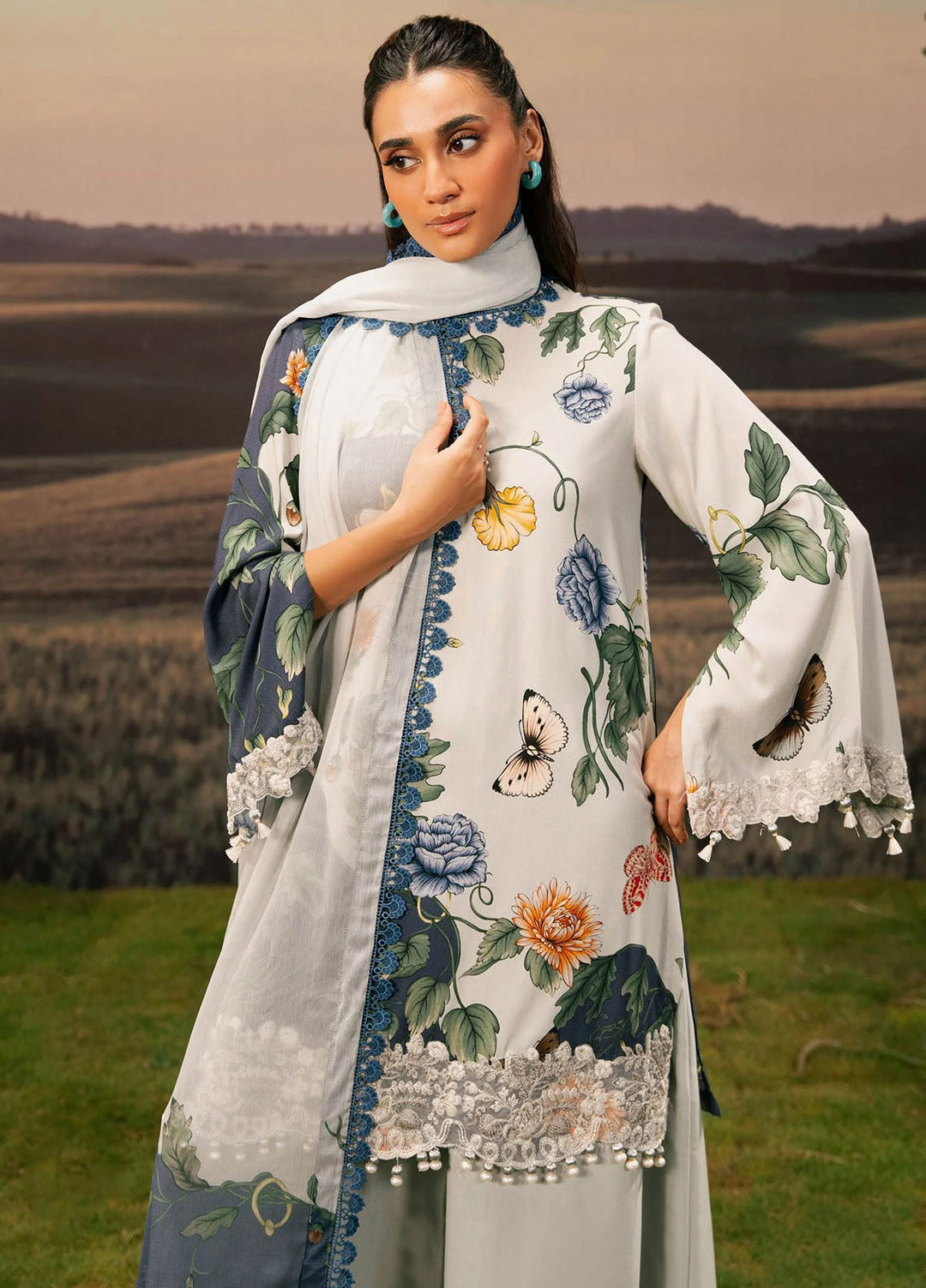 M Basic by Maria B Embroidered Arabic Lawn Suits Unstitched 3 Piece MB25PF MB-07 B - Summer Collection