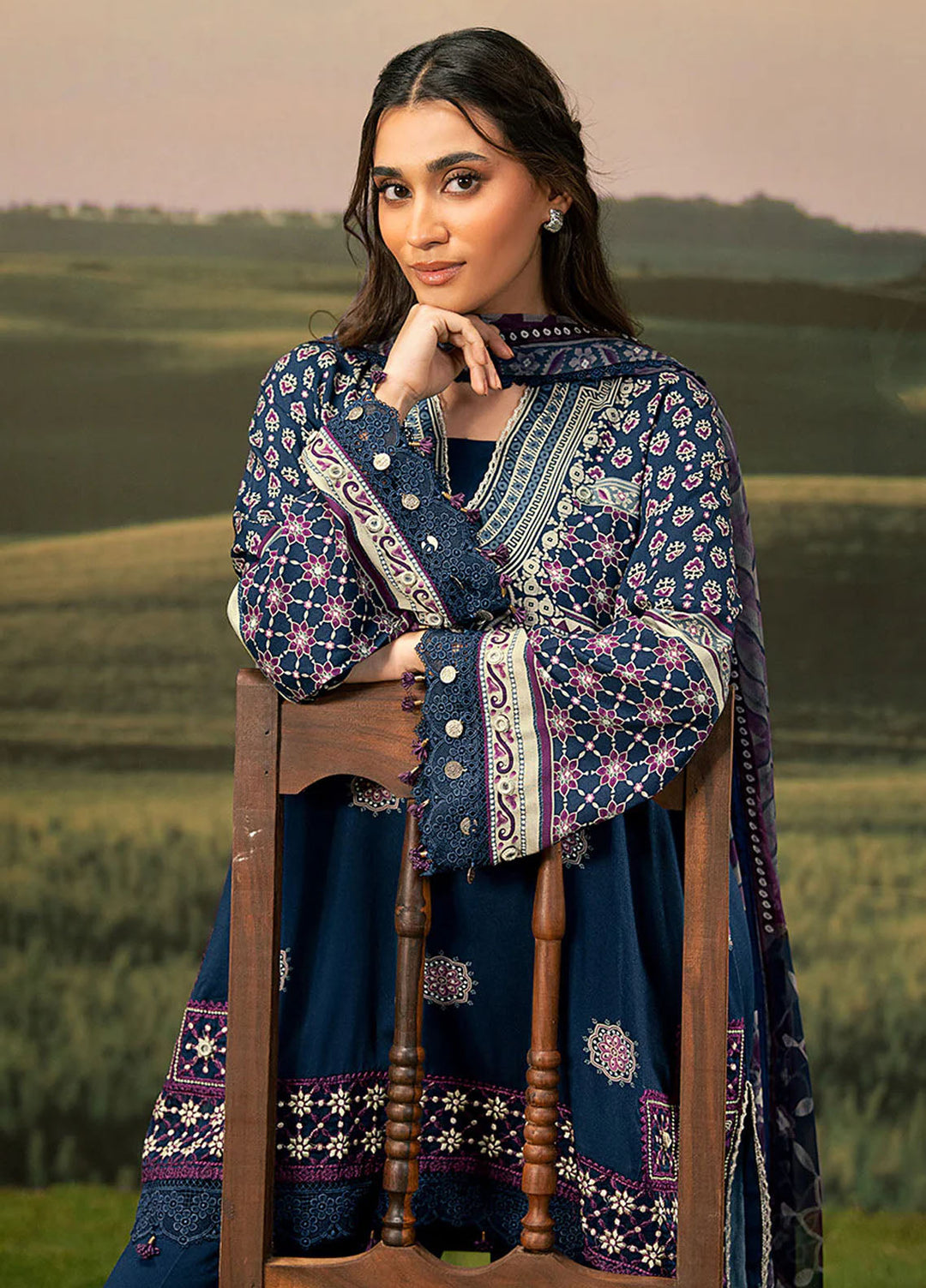 M Basic by Maria B Embroidered Arabic Lawn Suits Unstitched 3 Piece MB25PF MB-09 B - Summer Collection