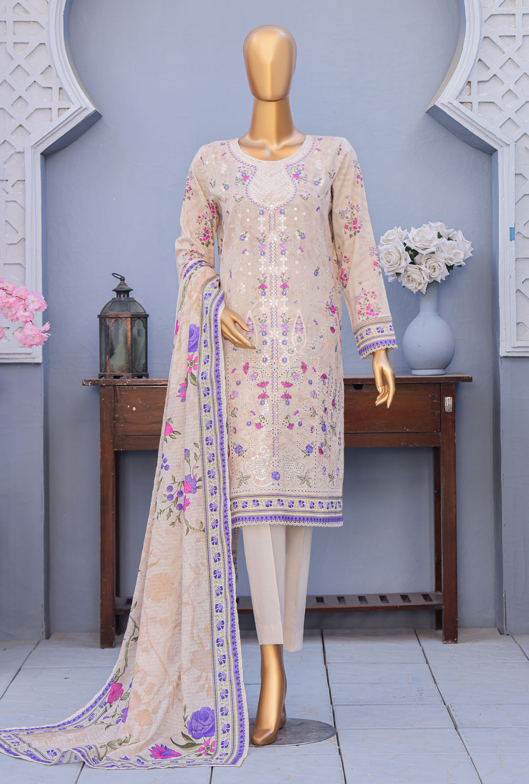 Mehak By Hz Textiles Cross Slub Unstitched Embroidered 3 Piece Suit  MCE-3043 - Summer Collection