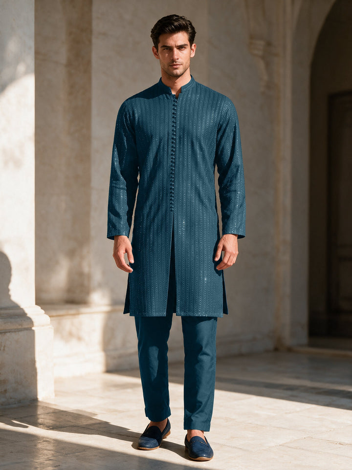 TGM Mens RTW Chikankari Chikankari Kurta Pajama Suit Royan Teal Festive Collection