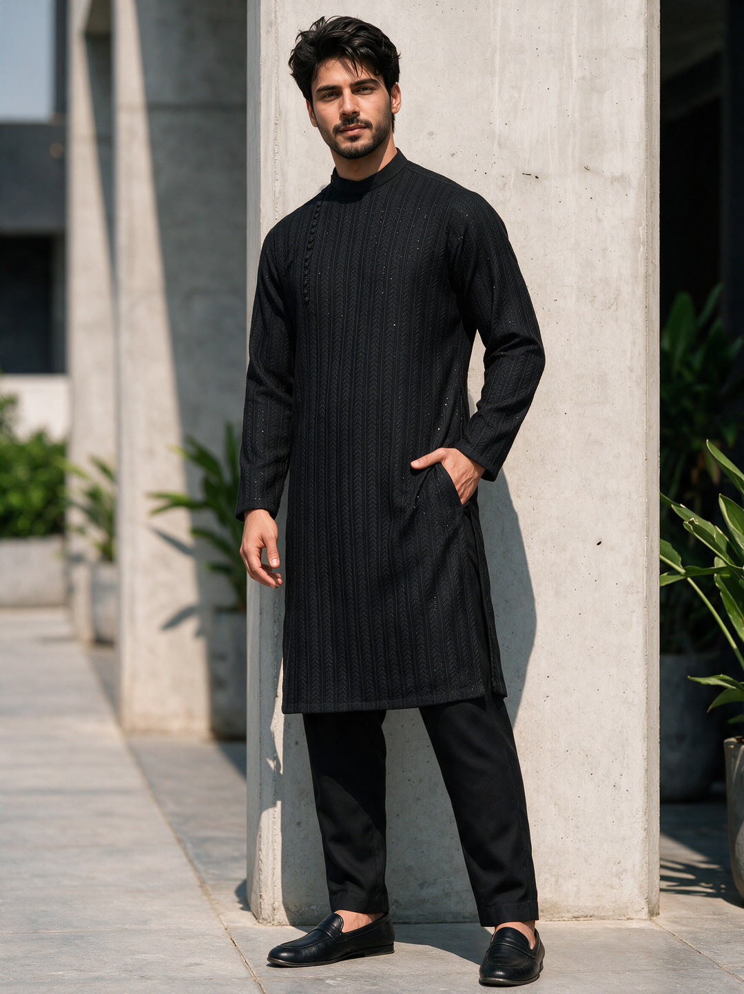 TGM Mens RTW Chikankari Chikankari Kurta Pajama Suit Eminence Black Festive Collection
