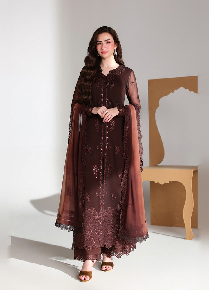 Ensembles by Azure Unstitched Embroidered Chiffon 3 Piece Suit AZ26UEF Maison Mocha - Festive Collection