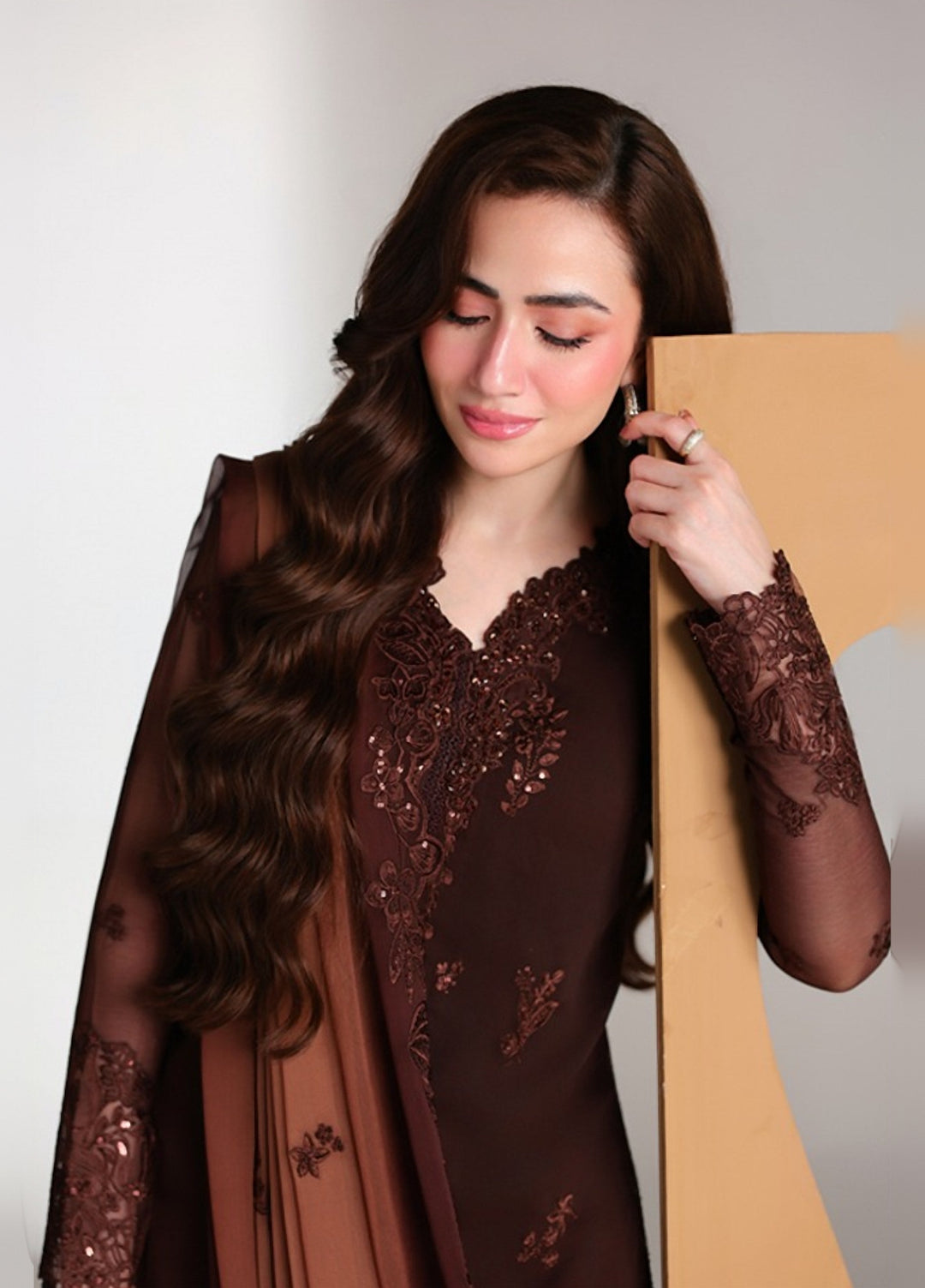Ensembles by Azure Unstitched Embroidered Chiffon 3 Piece Suit AZ26UEF Maison Mocha - Festive Collection