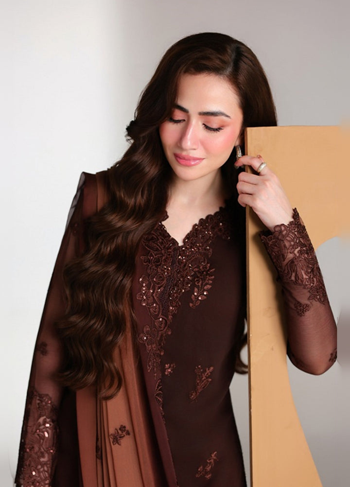 Ensembles by Azure Unstitched Embroidered Chiffon 3 Piece Suit AZ26UEF Maison Mocha - Festive Collection