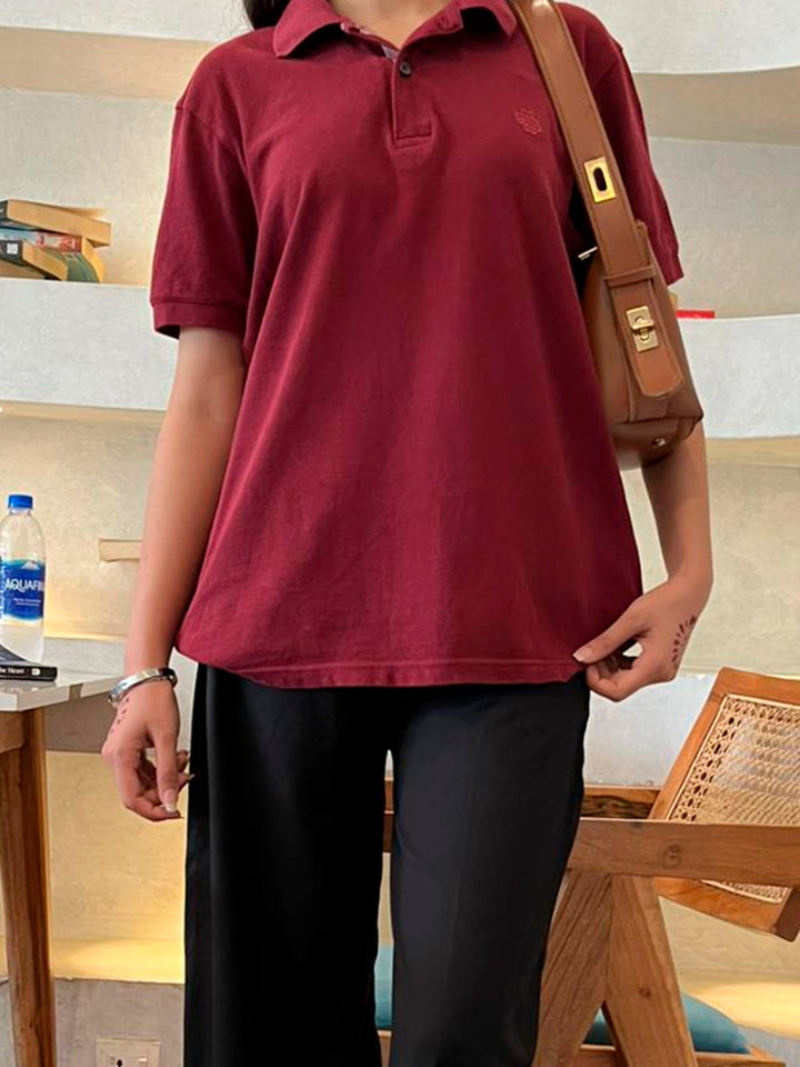 Brumano Solids Maroon 100% Cotton Pique Polo - Women