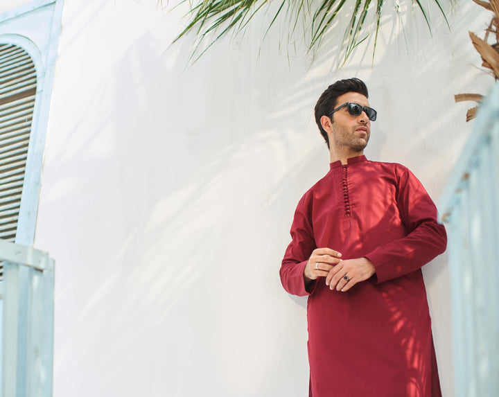 Muraqsh Ready To Wear Solids  Men Maroon Cotton Kurta Trouser MURCKWT-KUR - Summer Collection