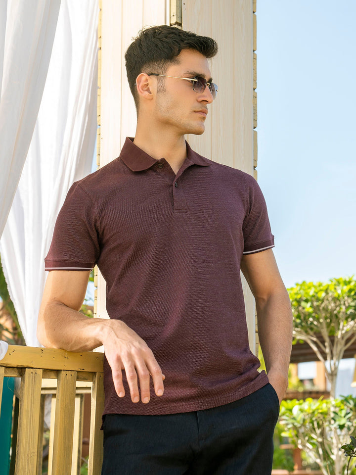 Brumano  Solids Cotton Polo Maroon Dobby Structured Slimfit Polo