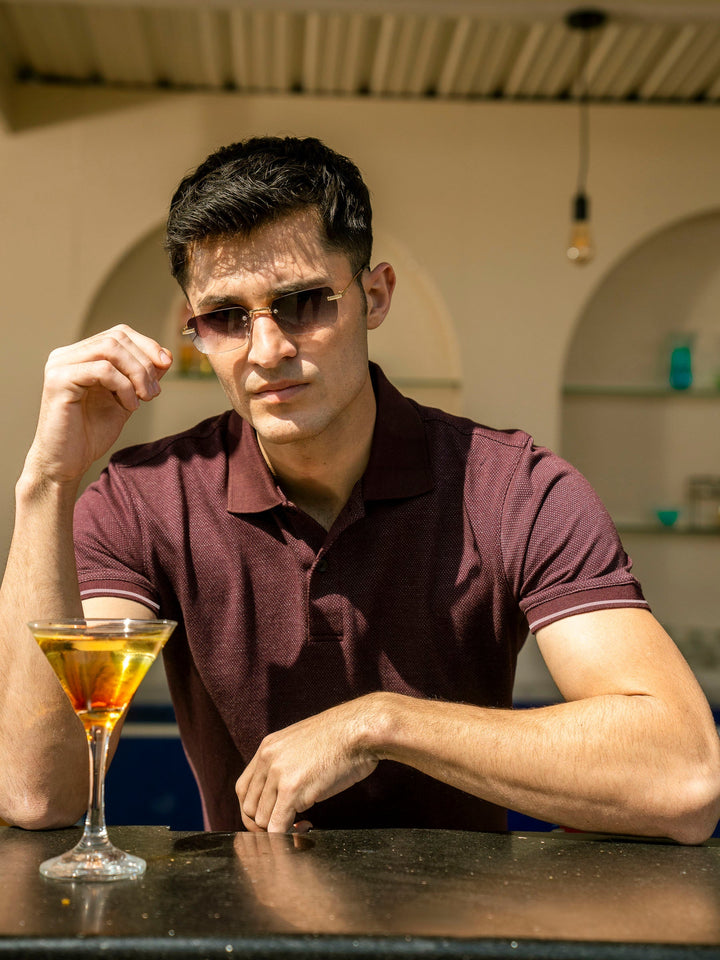 Brumano  Solids Cotton Polo Maroon Dobby Structured Slimfit Polo