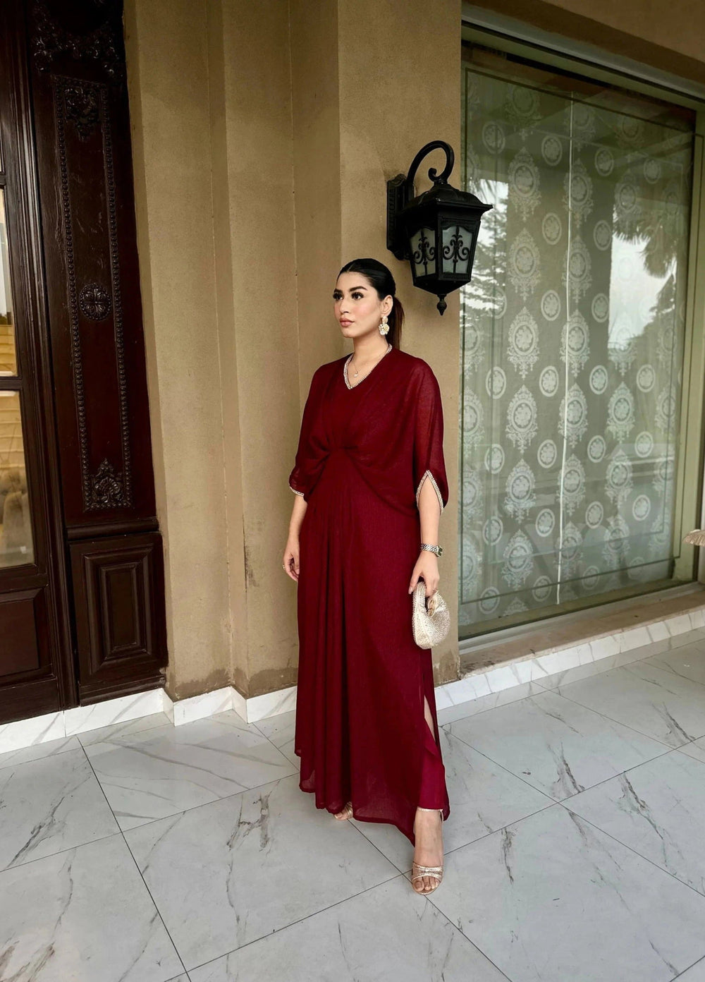Mataish Women RTW Solids Chiffon 1 Piece Suit Maroon Kaftan - Festive Collection